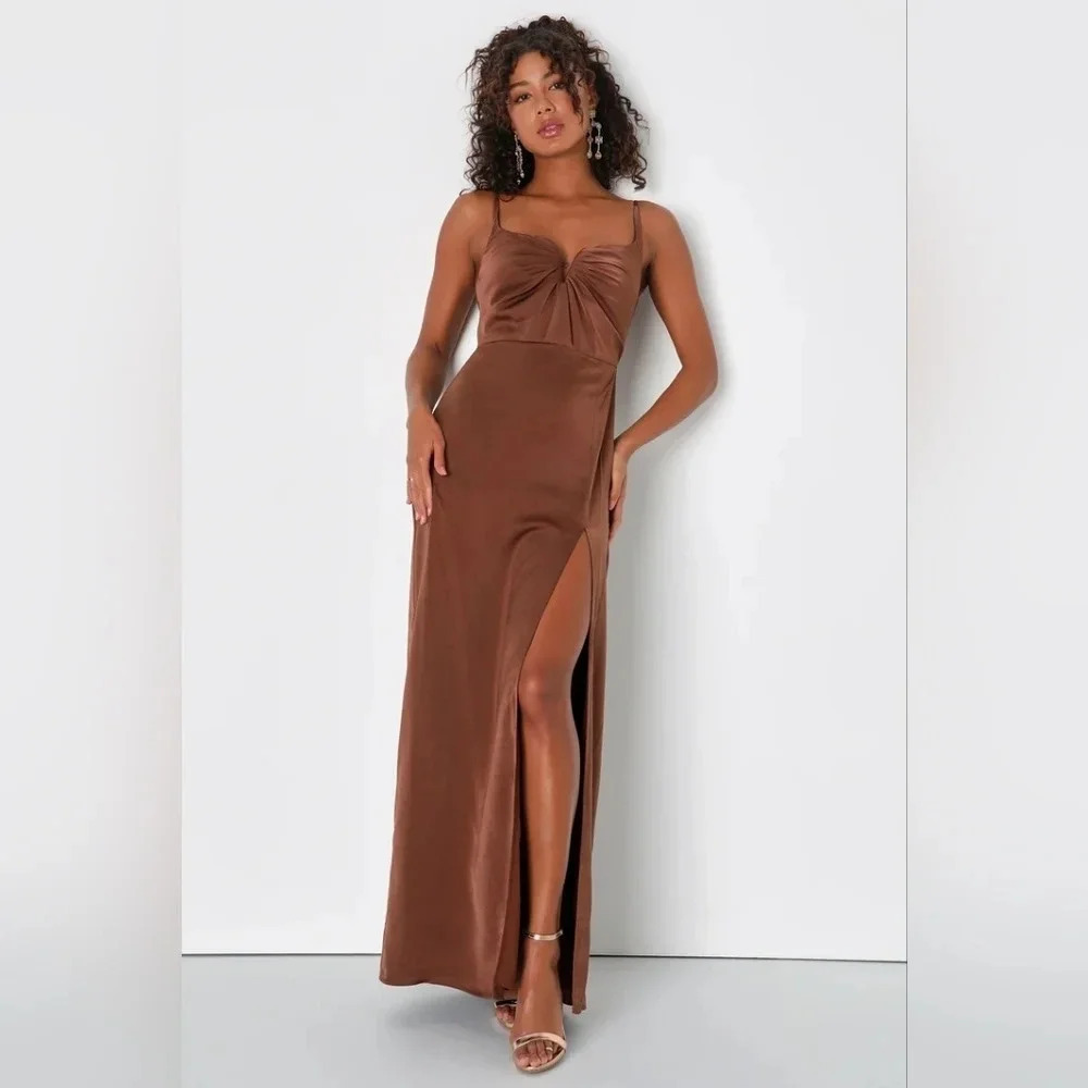 Lulus Lovely Drama Brown Satin Sleeveless A-Line Maxi Dress Wedding Party Prom - Picture 2 of 12